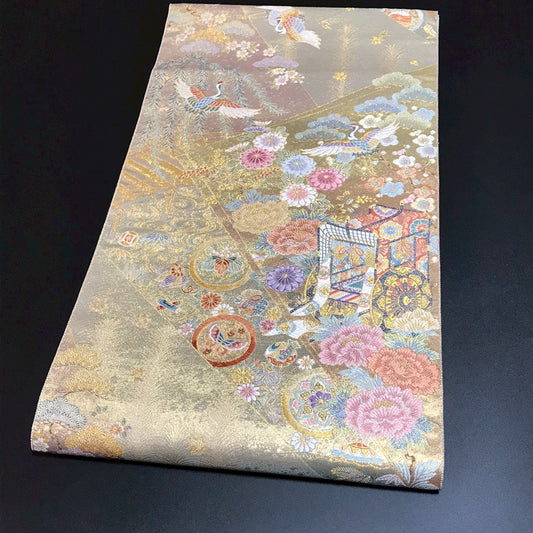 6799# Japanese Vintage Fukuro Obi Belt Kimono Fabric Silk Traditional Gold