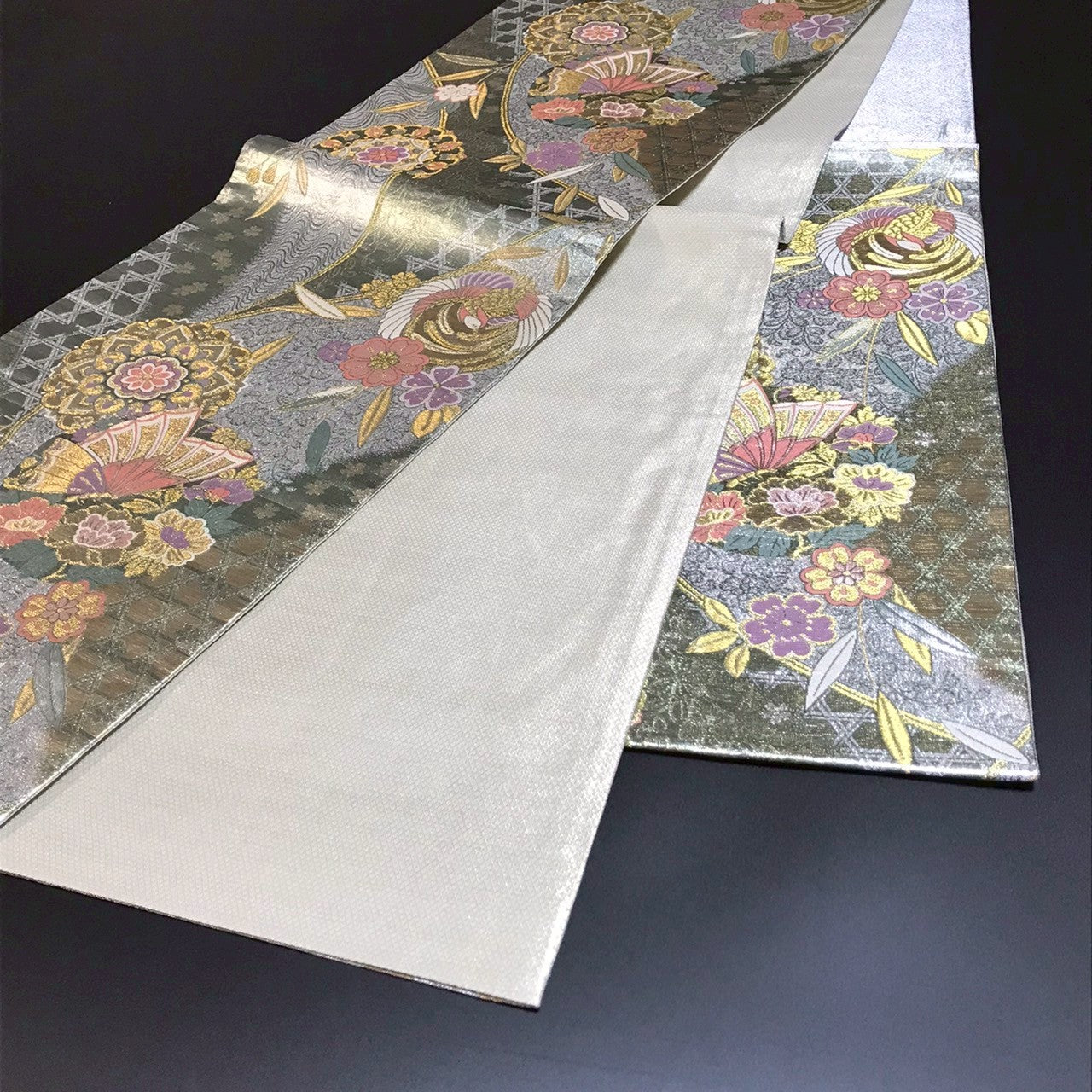 6797# Japanese Vintage Fukuro Obi Belt Kimono Fabric Silk Traditional Silver