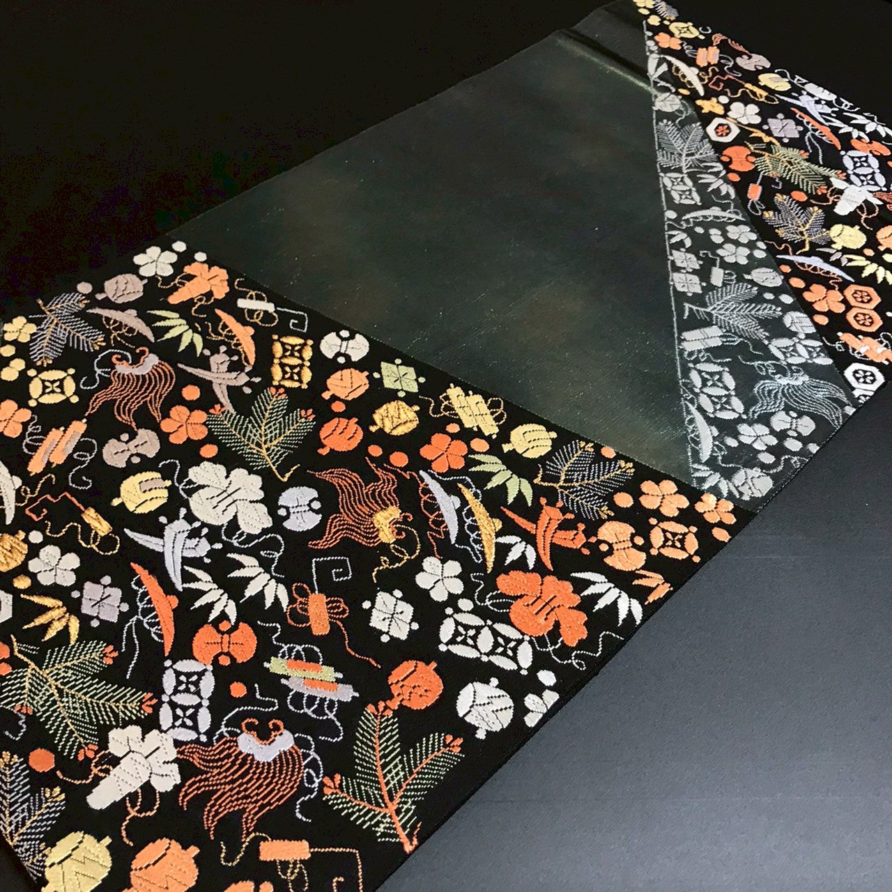 6800# Japanese Vintage Fukuro Obi Belt Kimono Fabric Silk Traditional Black