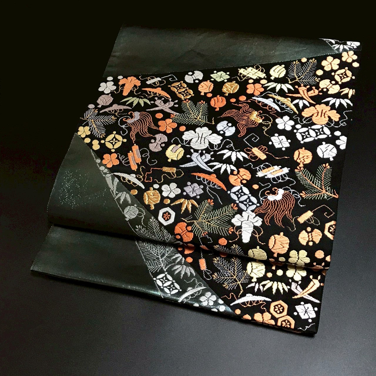 6800# Japanese Vintage Fukuro Obi Belt Kimono Fabric Silk Traditional Black