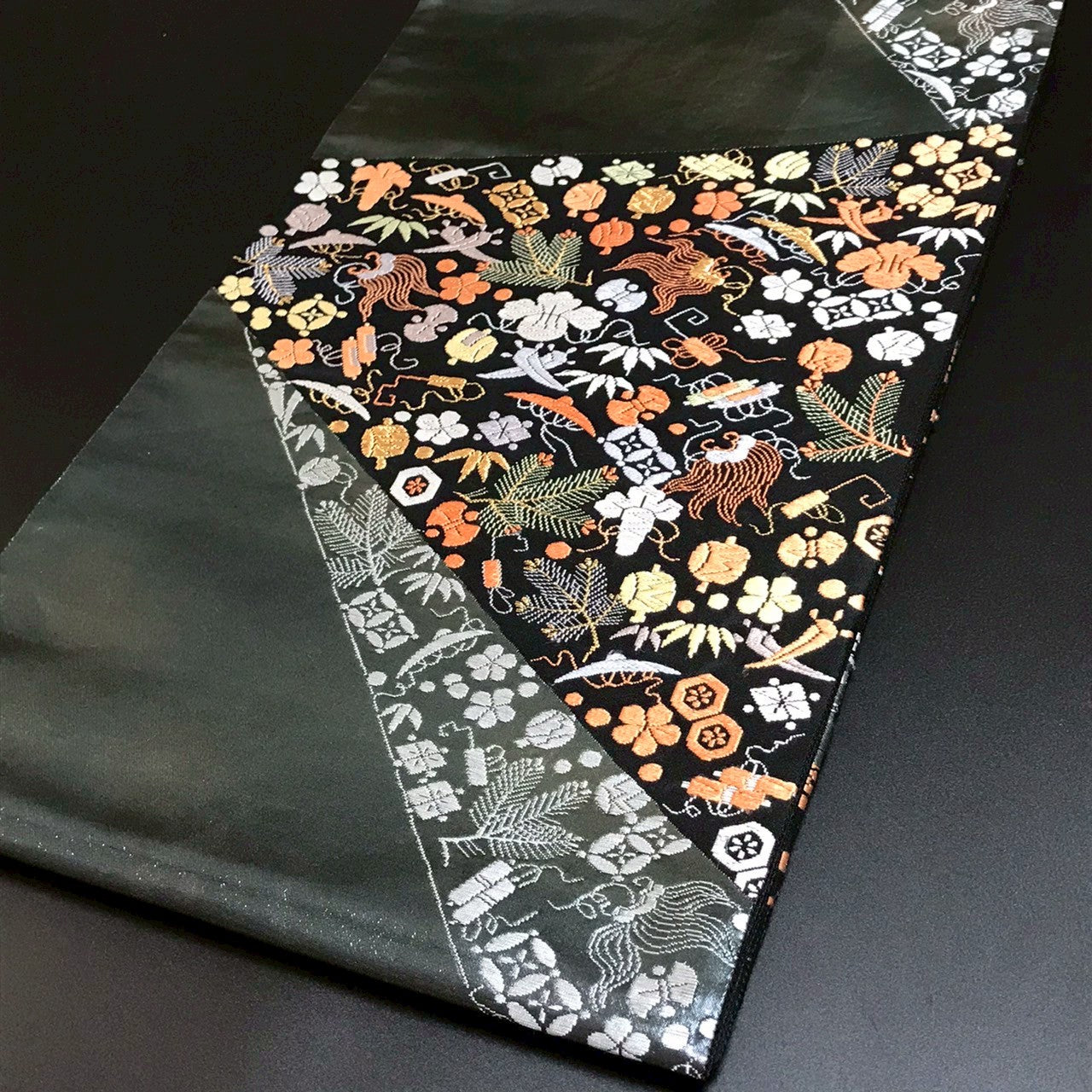 6800# Japanese Vintage Fukuro Obi Belt Kimono Fabric Silk Traditional Black