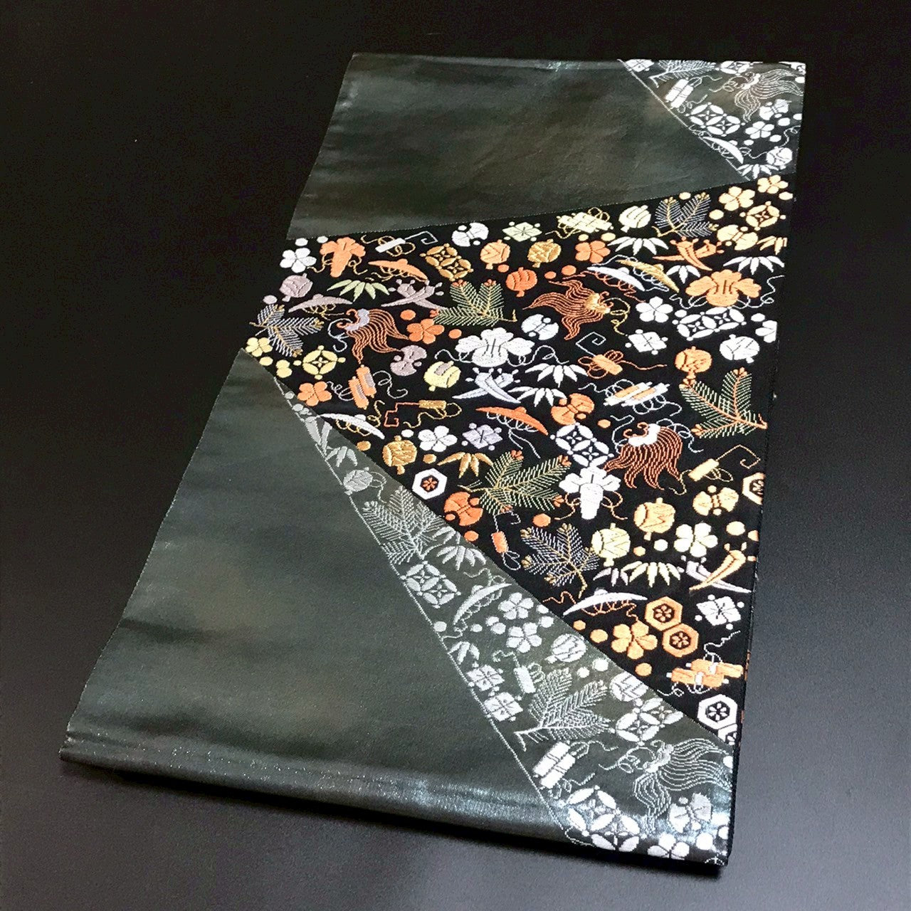 6800# Japanese Vintage Fukuro Obi Belt Kimono Fabric Silk Traditional Black