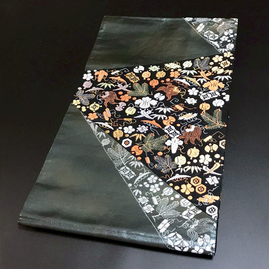 6800# Japanese Vintage Fukuro Obi Belt Kimono Fabric Silk Traditional Black