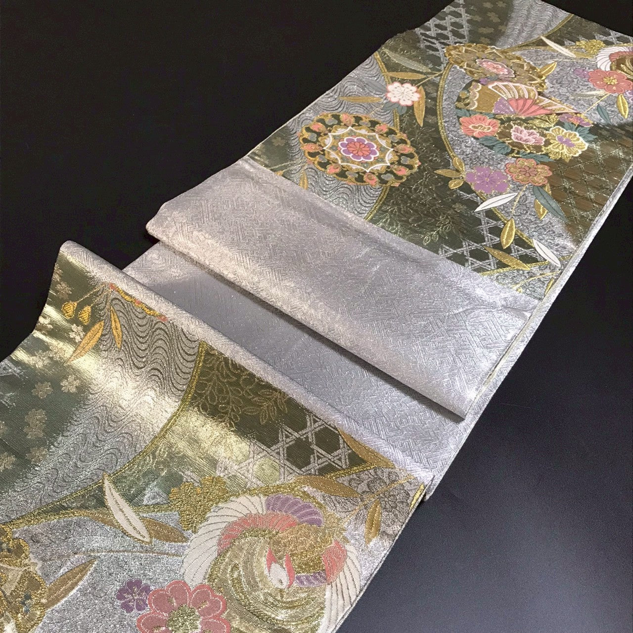 6797# Japanese Vintage Fukuro Obi Belt Kimono Fabric Silk Traditional Silver