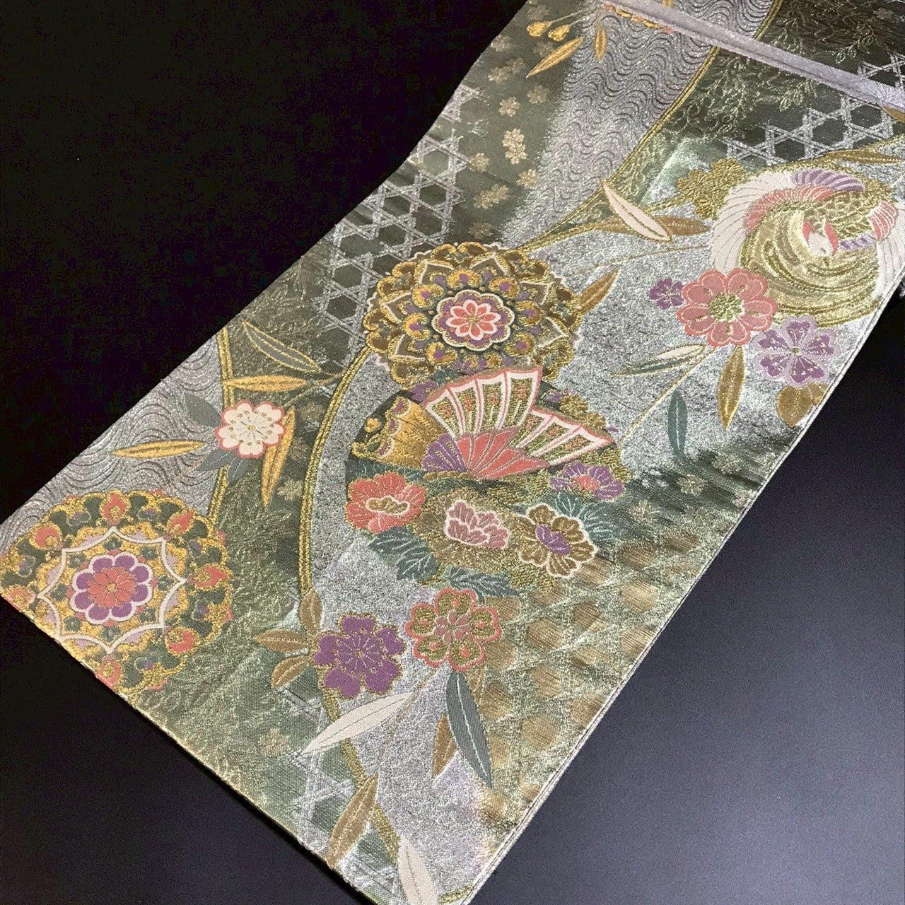6797# Japanese Vintage Fukuro Obi Belt Kimono Fabric Silk Traditional Silver