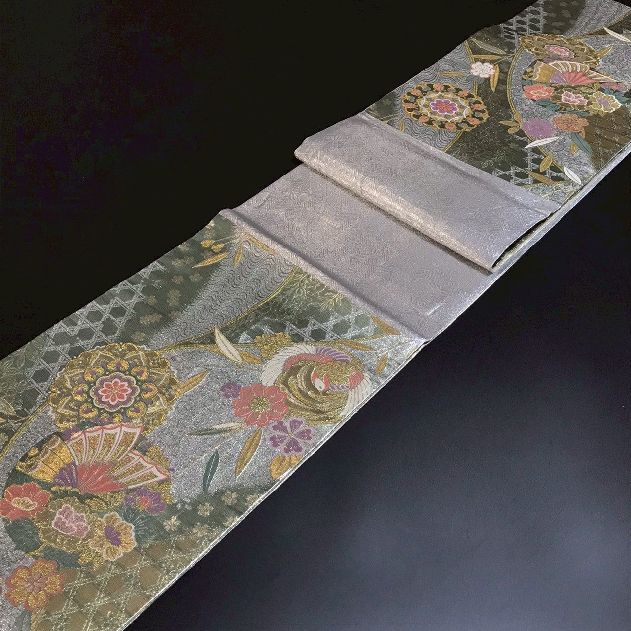 6797# Japanese Vintage Fukuro Obi Belt Kimono Fabric Silk Traditional Silver