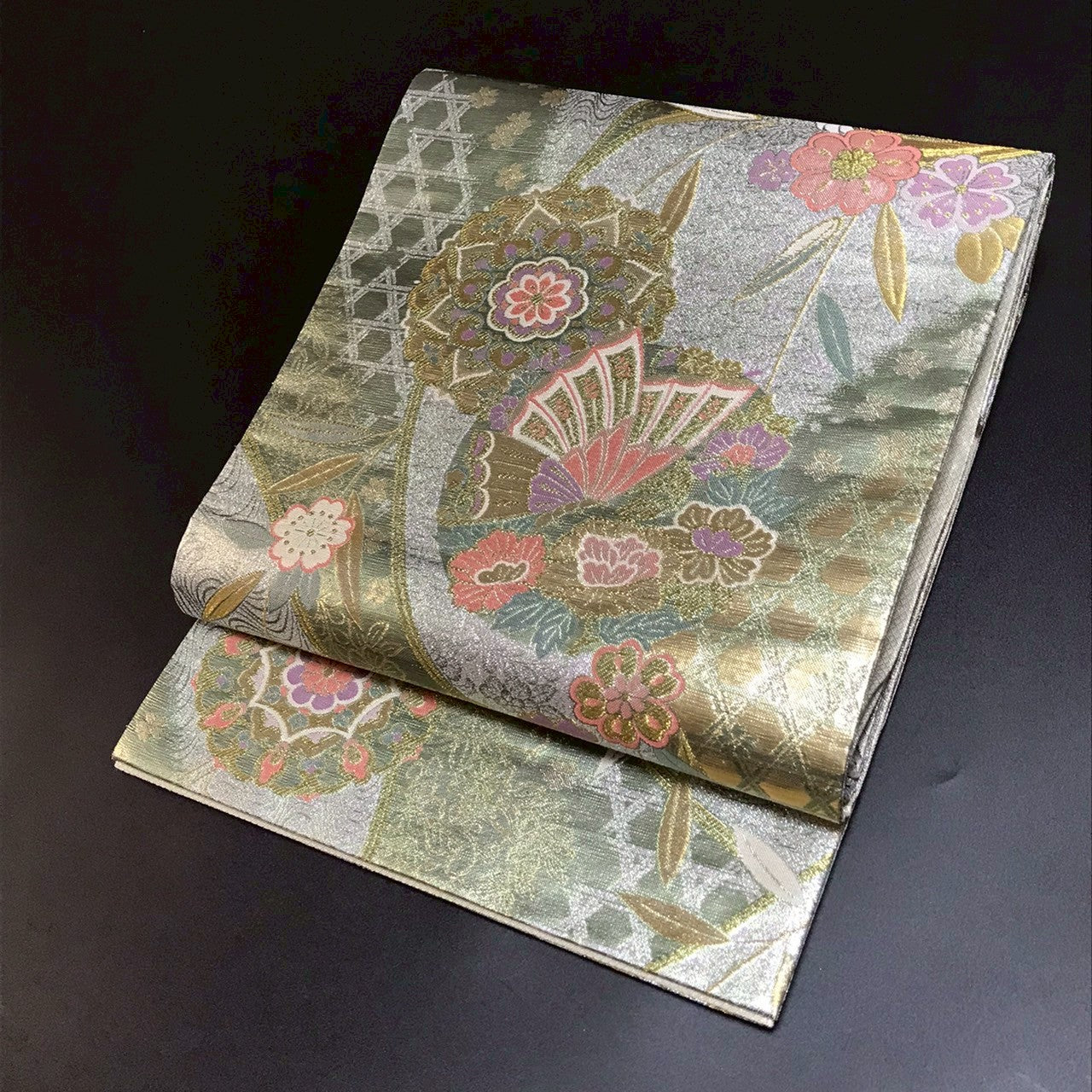 6797# Japanese Vintage Fukuro Obi Belt Kimono Fabric Silk Traditional Silver