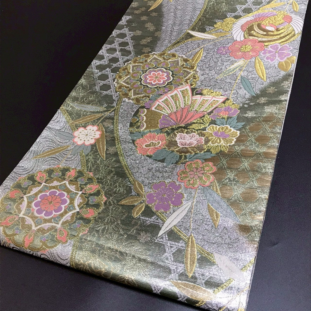 6797# Japanese Vintage Fukuro Obi Belt Kimono Fabric Silk Traditional Silver