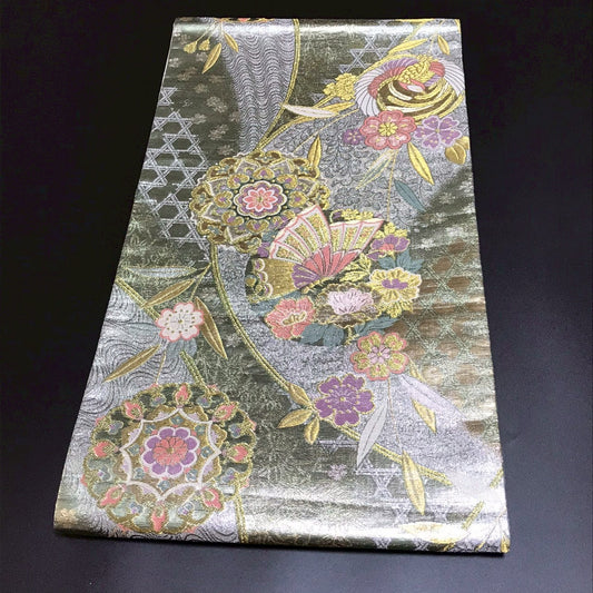 6797# Japanese Vintage Fukuro Obi Belt Kimono Fabric Silk Traditional Silver