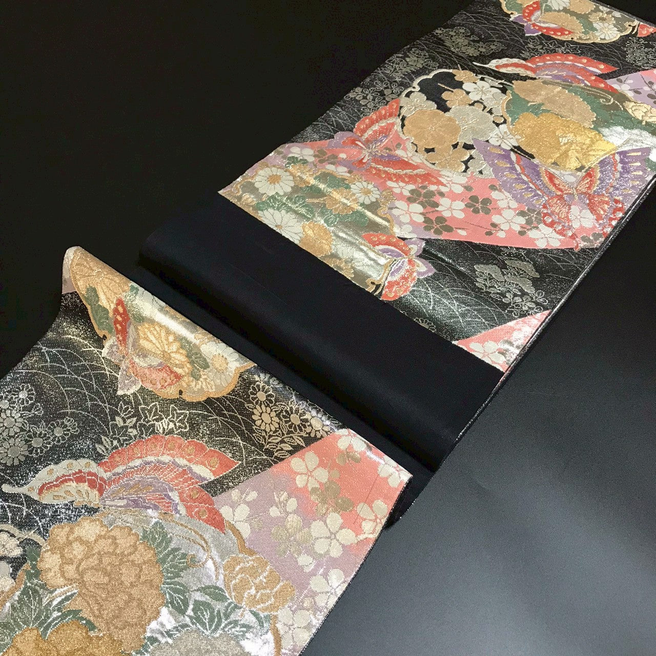 7090# Japanese Vintage Fukuro Obi Belt Kimono Fabric Silk Traditional Black　
