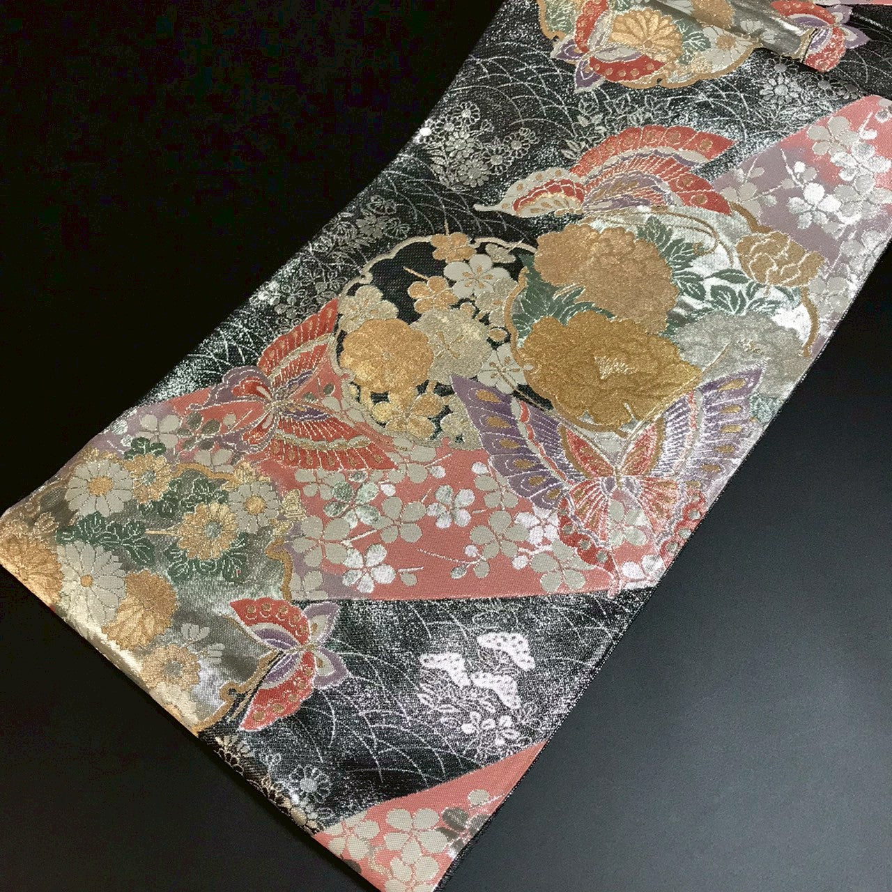 7090# Japanese Vintage Fukuro Obi Belt Kimono Fabric Silk Traditional Black　