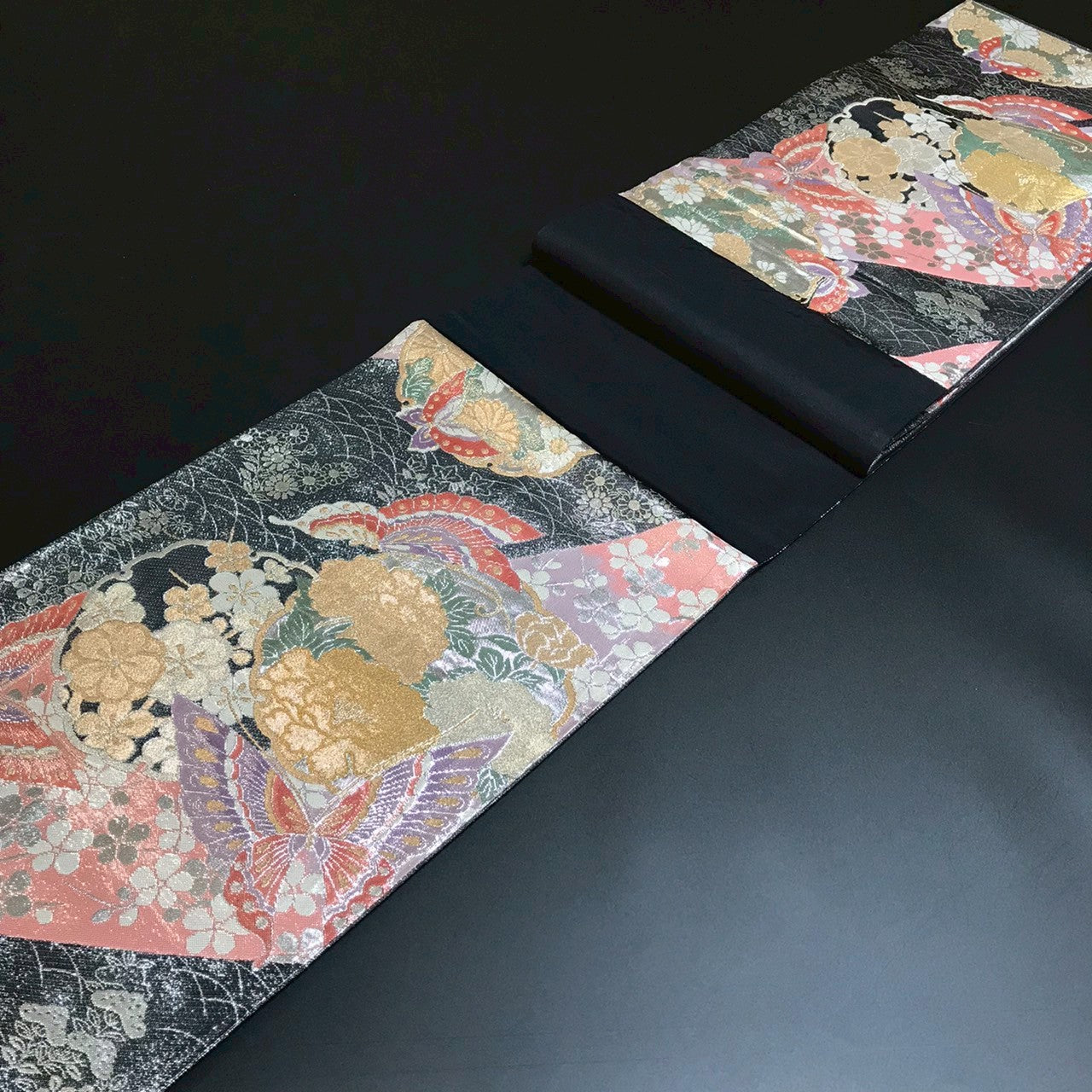 7090# Japanese Vintage Fukuro Obi Belt Kimono Fabric Silk Traditional Black　
