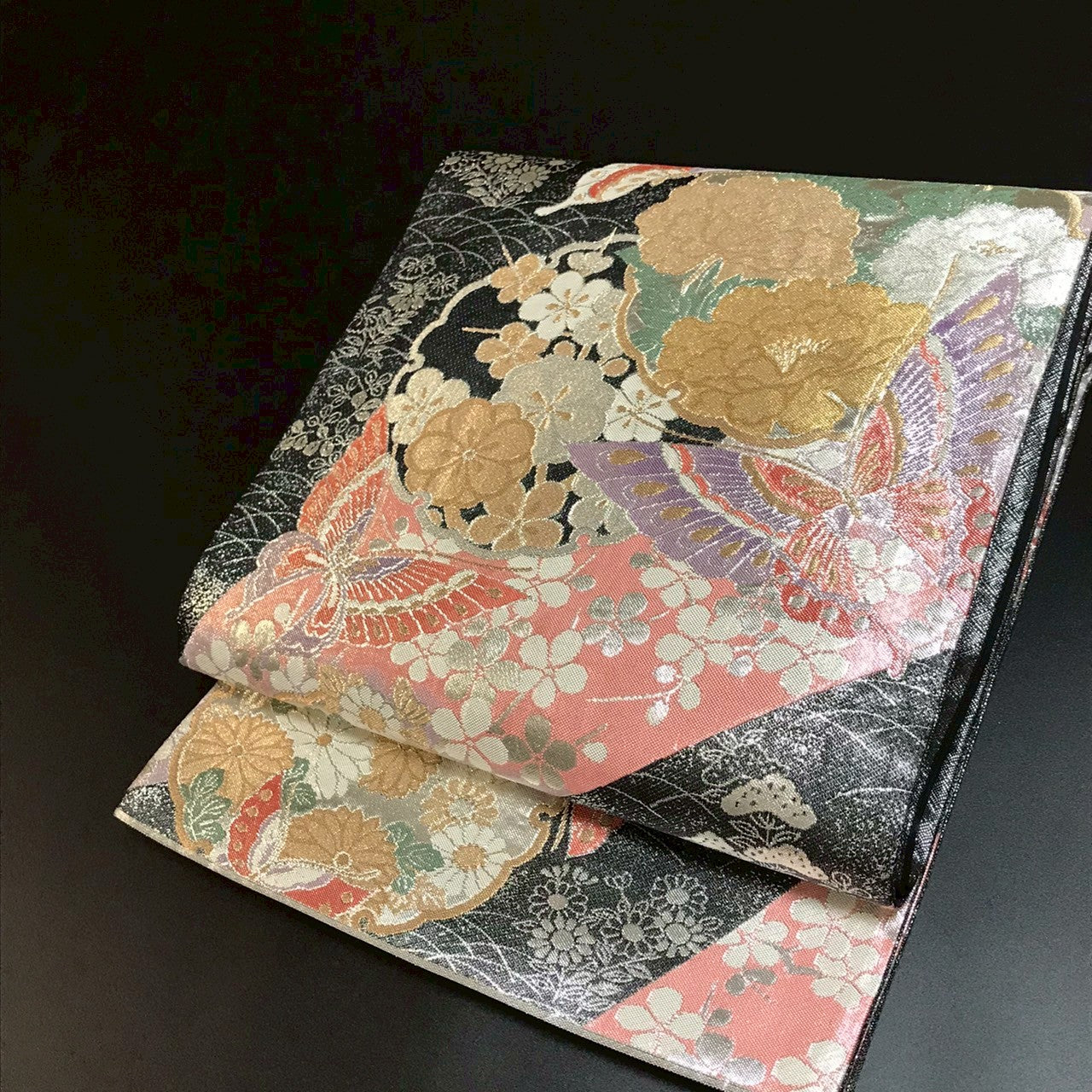 7090# Japanese Vintage Fukuro Obi Belt Kimono Fabric Silk Traditional Black　