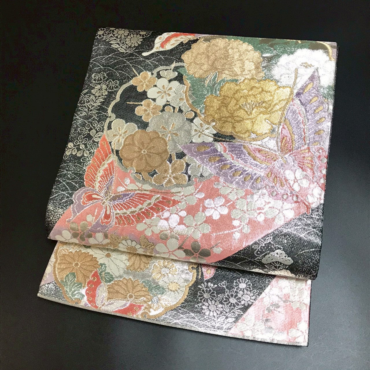 7090# Japanese Vintage Fukuro Obi Belt Kimono Fabric Silk Traditional Black　