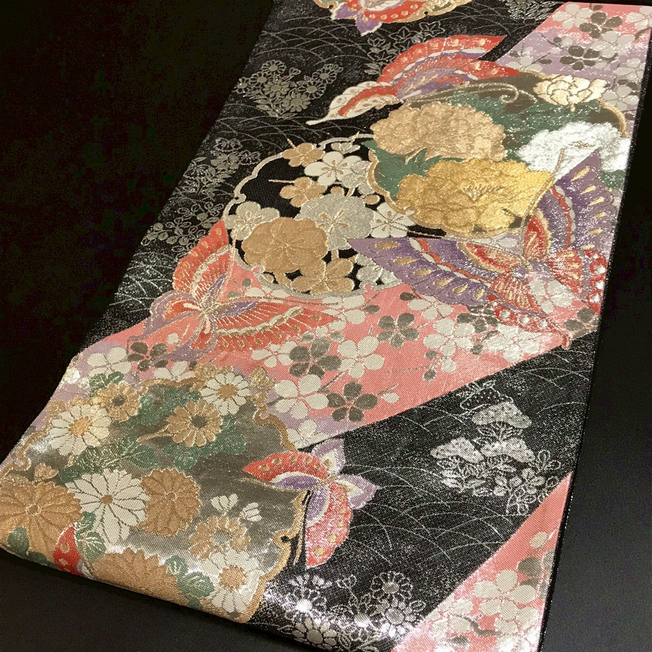 7090# Japanese Vintage Fukuro Obi Belt Kimono Fabric Silk Traditional Black　