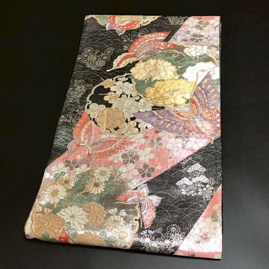 7090# Japanese Vintage Fukuro Obi Belt Kimono Fabric Silk Traditional Black　