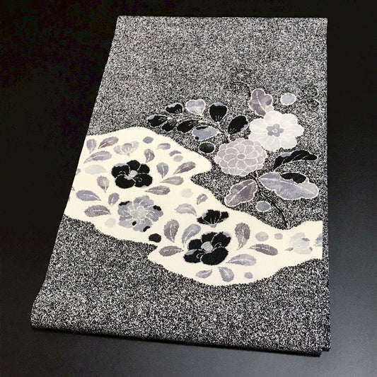 7081# Japanese Vintage Nagoya Obi Belt Kimono Fabric Silk Traditional black