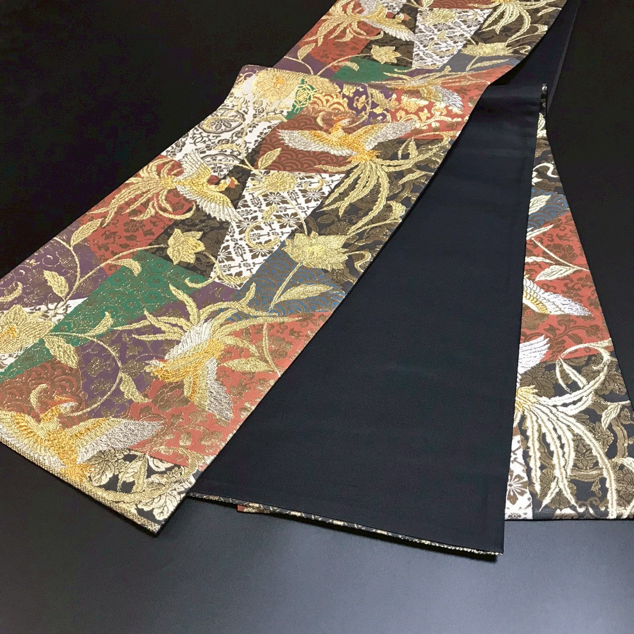 7083# Japanese Vintage Fukuro Obi Belt Kimono Fabric Silk Traditional Phoenix　