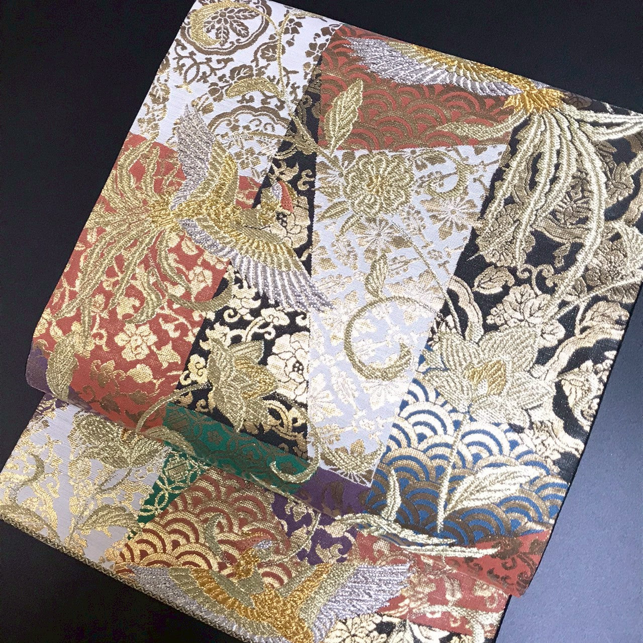 7083# Japanese Vintage Fukuro Obi Belt Kimono Fabric Silk Traditional Phoenix　