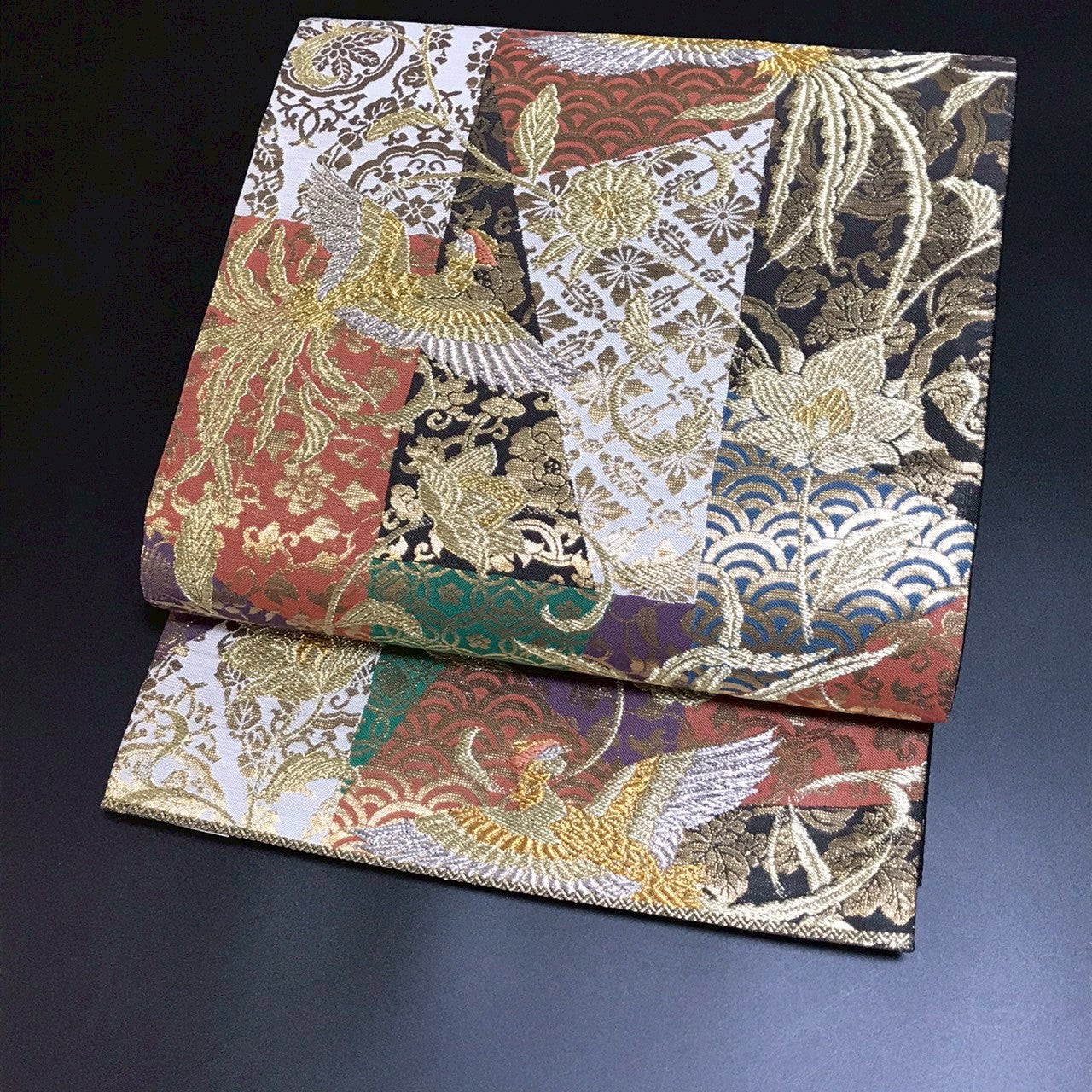 7083# Japanese Vintage Fukuro Obi Belt Kimono Fabric Silk Traditional Phoenix　