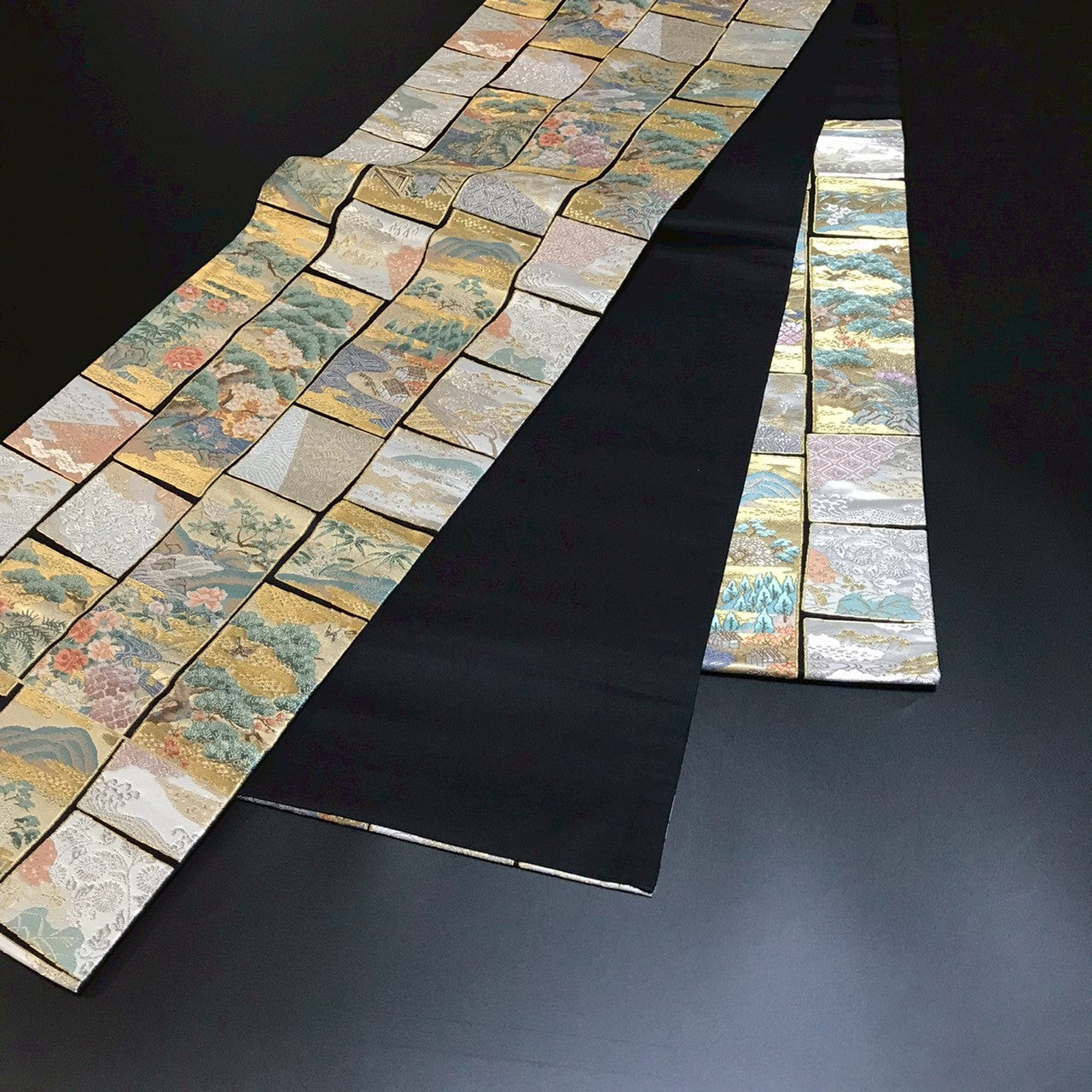 7086# Japanese Vintage Fukuro Obi Belt Kimono Fabric Silk Traditional Black