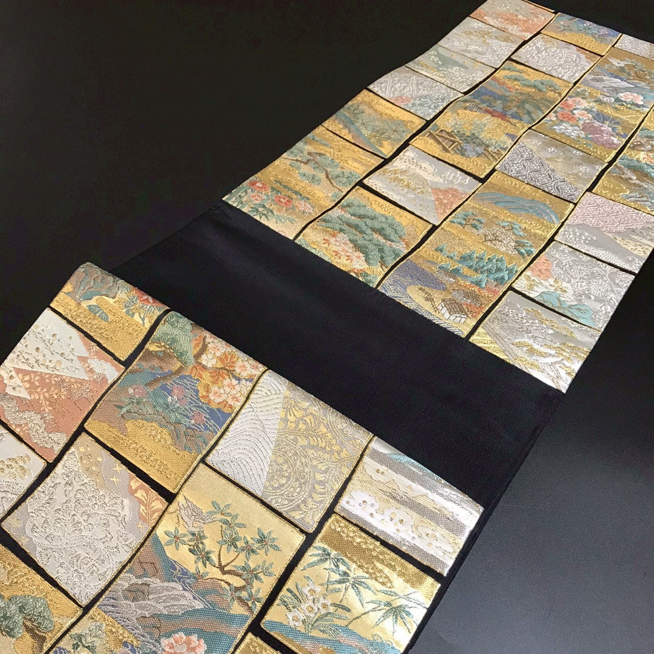 7086# Japanese Vintage Fukuro Obi Belt Kimono Fabric Silk Traditional Black