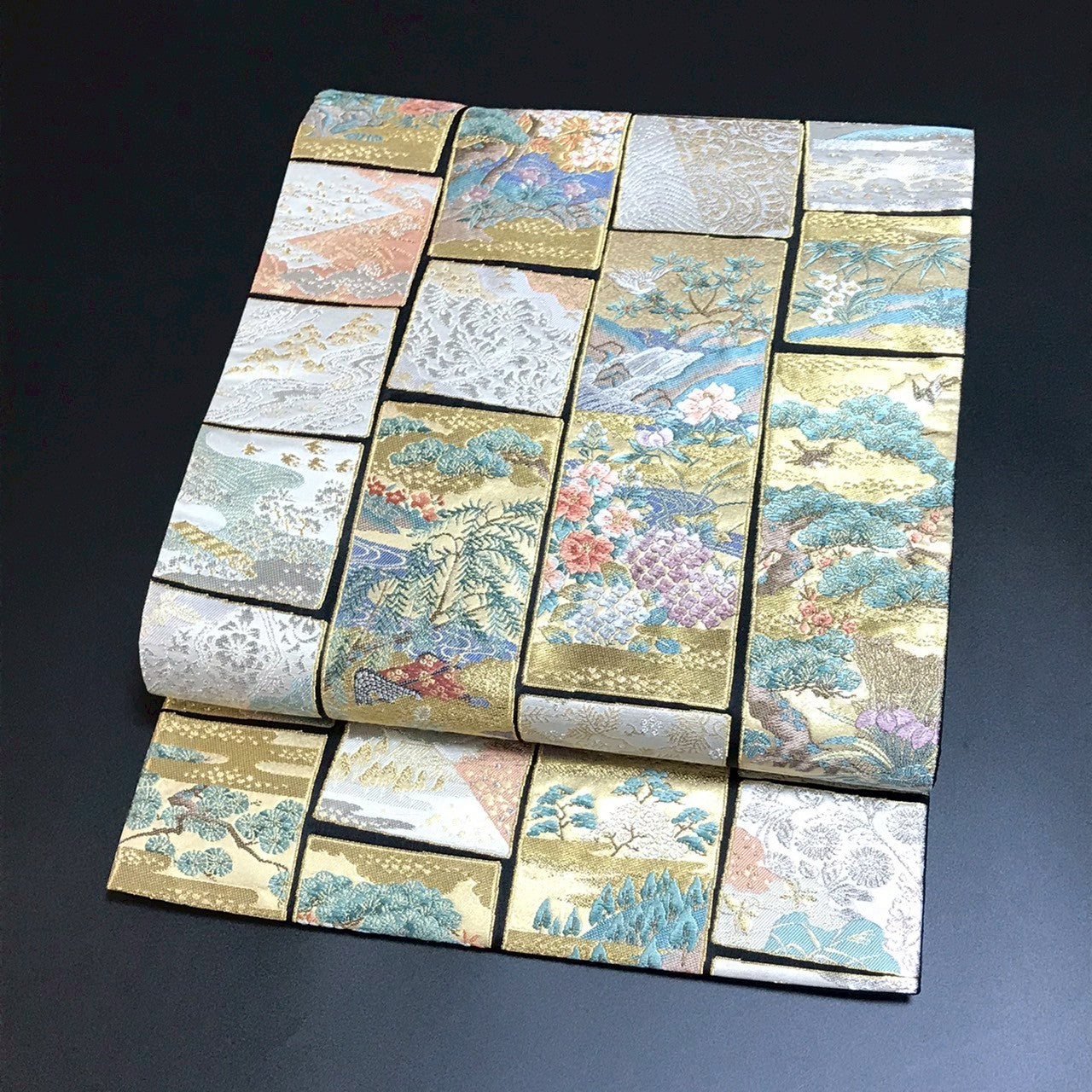 7086# Japanese Vintage Fukuro Obi Belt Kimono Fabric Silk Traditional Black