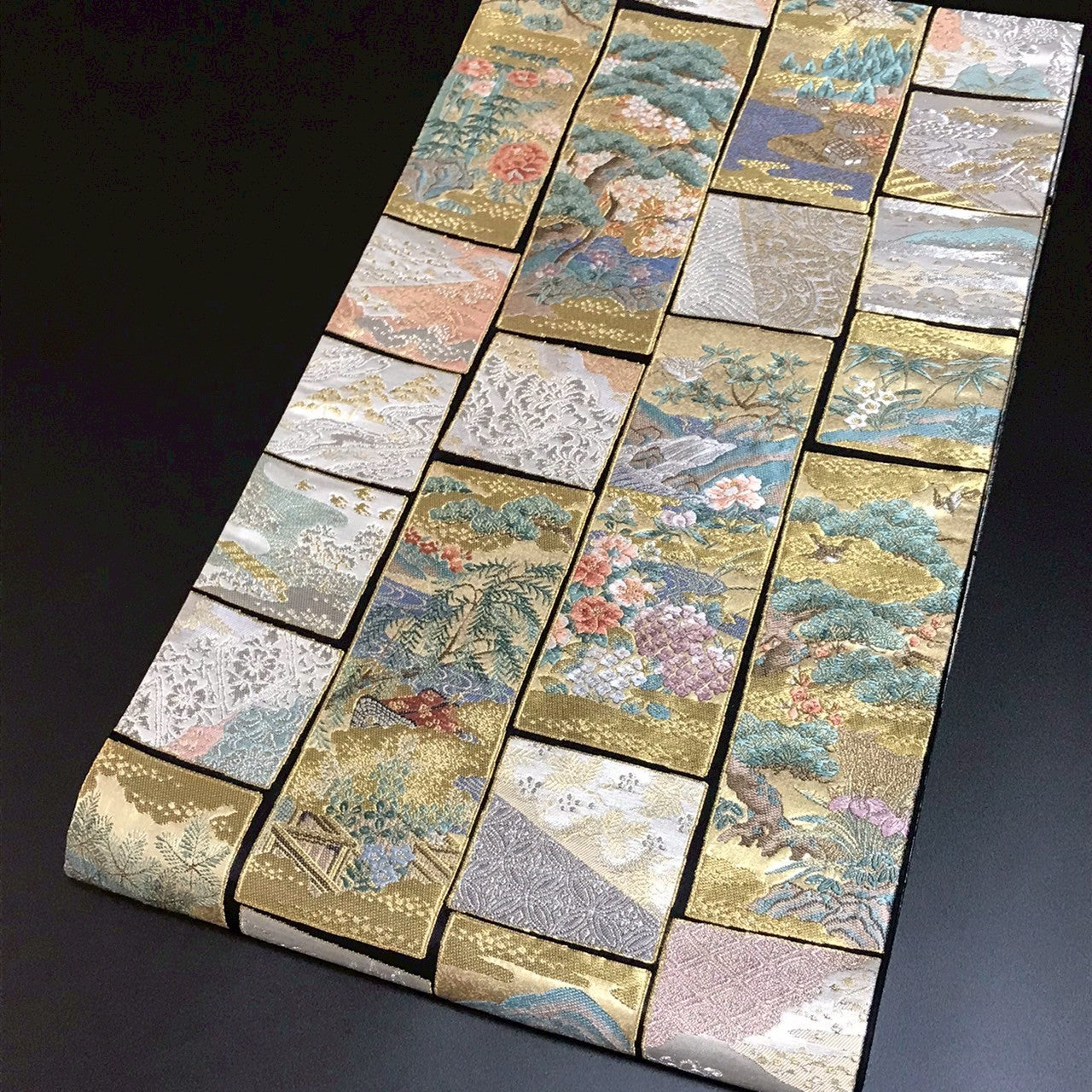 7086# Japanese Vintage Fukuro Obi Belt Kimono Fabric Silk Traditional Black