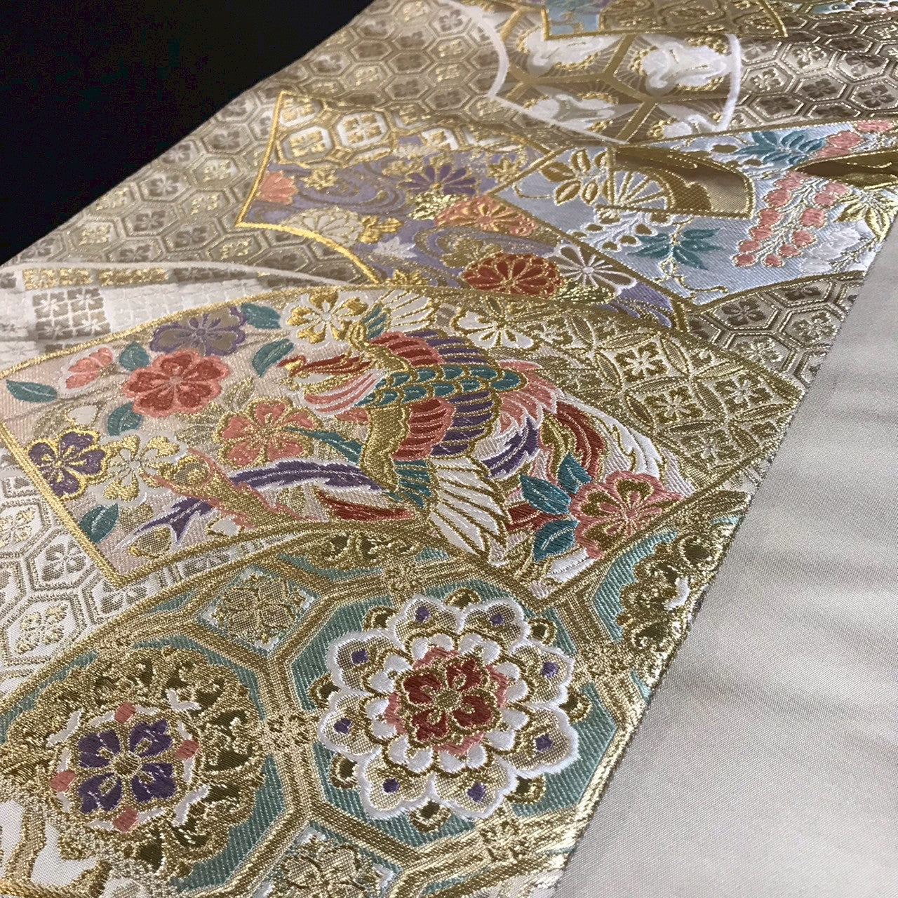 7089# Japanese Vintage Fukuro Obi Belt Kimono Fabric Silk Traditional Gold
