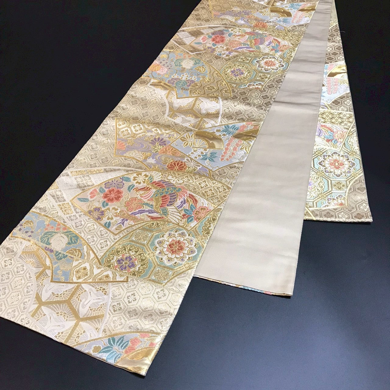 7089# Japanese Vintage Fukuro Obi Belt Kimono Fabric Silk Traditional Gold