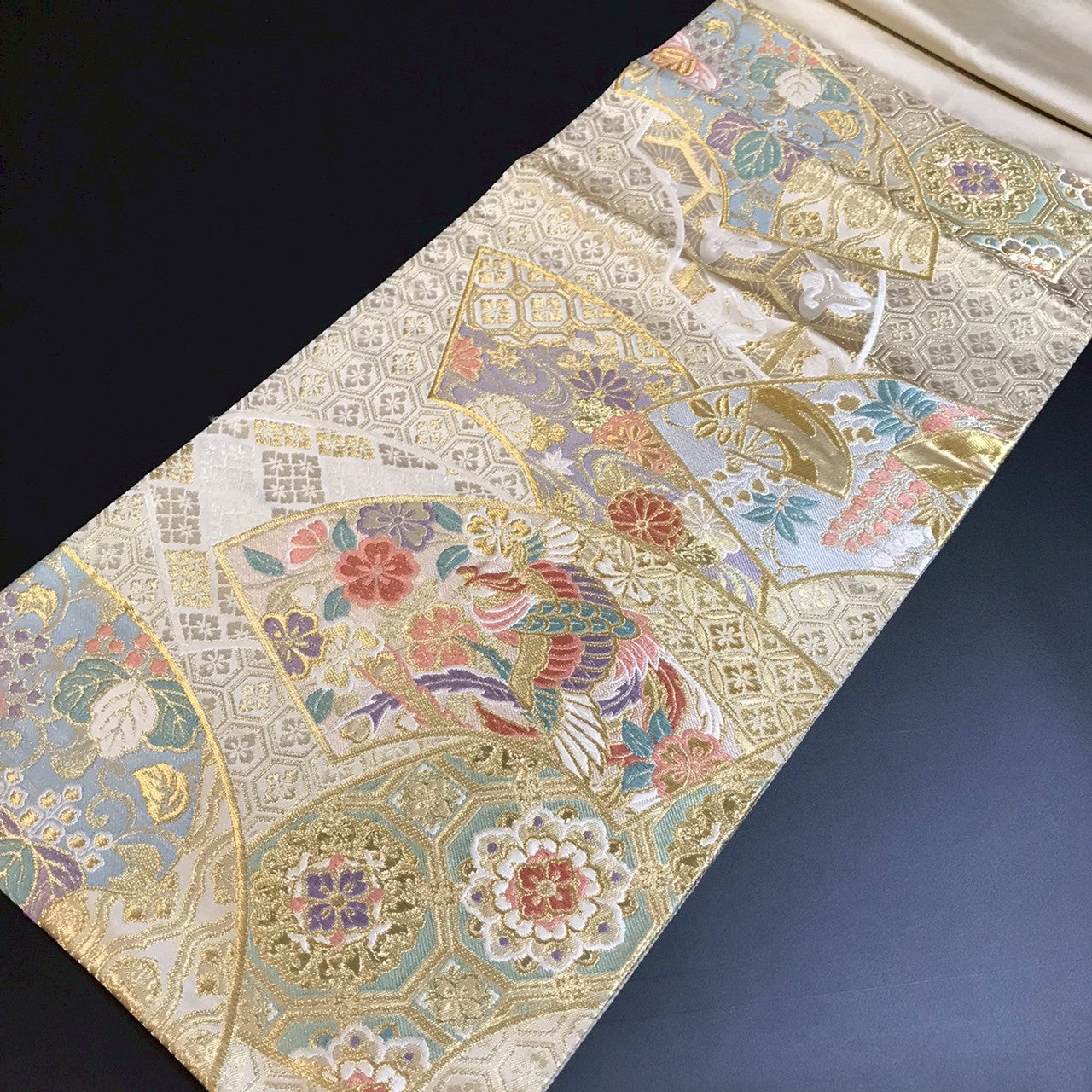 7089# Japanese Vintage Fukuro Obi Belt Kimono Fabric Silk Traditional Gold