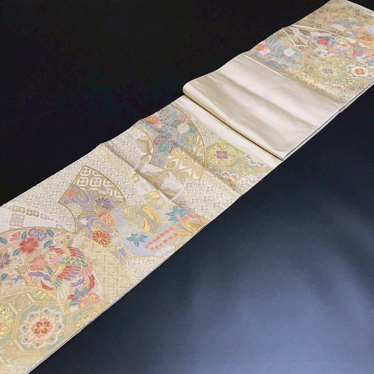 7089# Japanese Vintage Fukuro Obi Belt Kimono Fabric Silk Traditional Gold