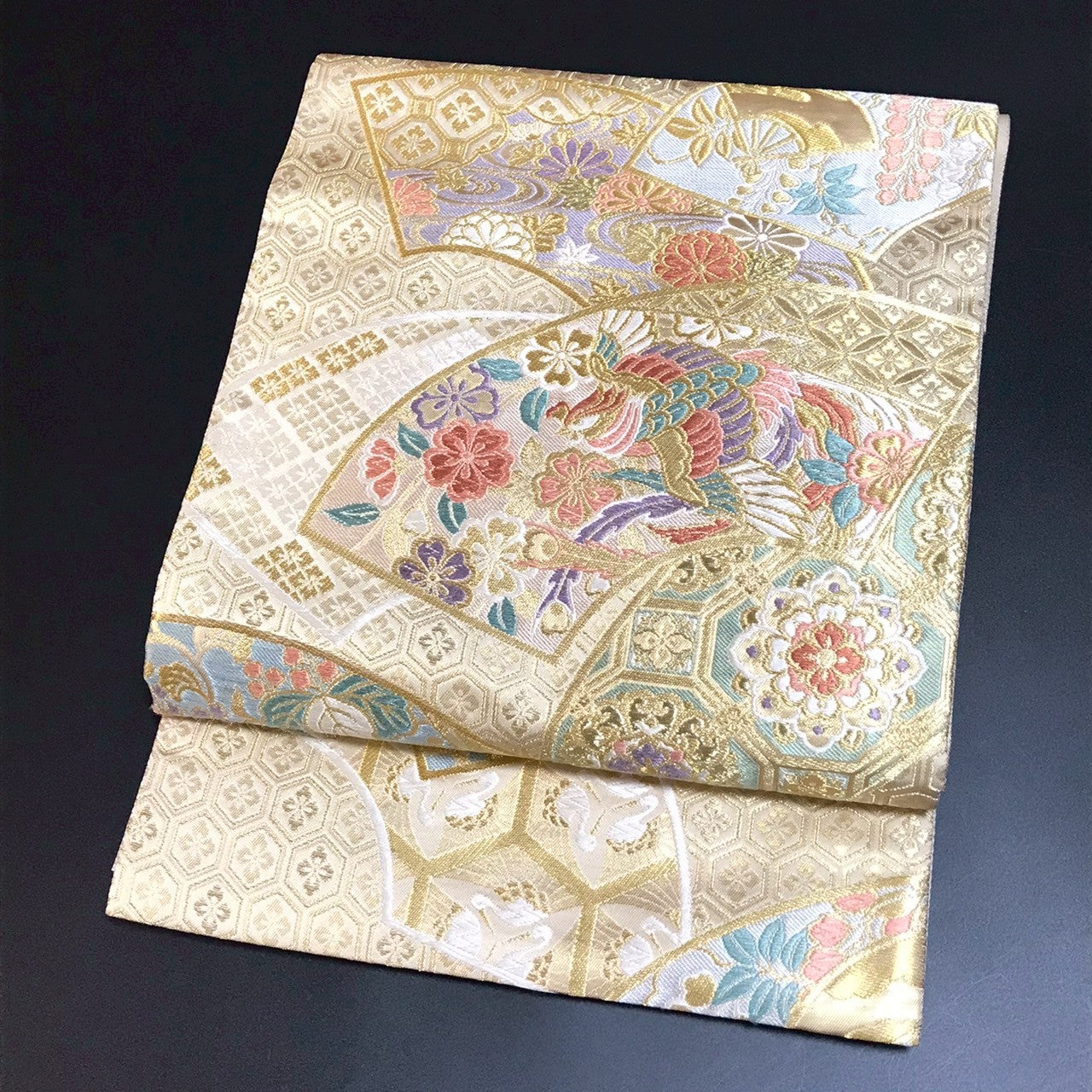 7089# Japanese Vintage Fukuro Obi Belt Kimono Fabric Silk Traditional Gold