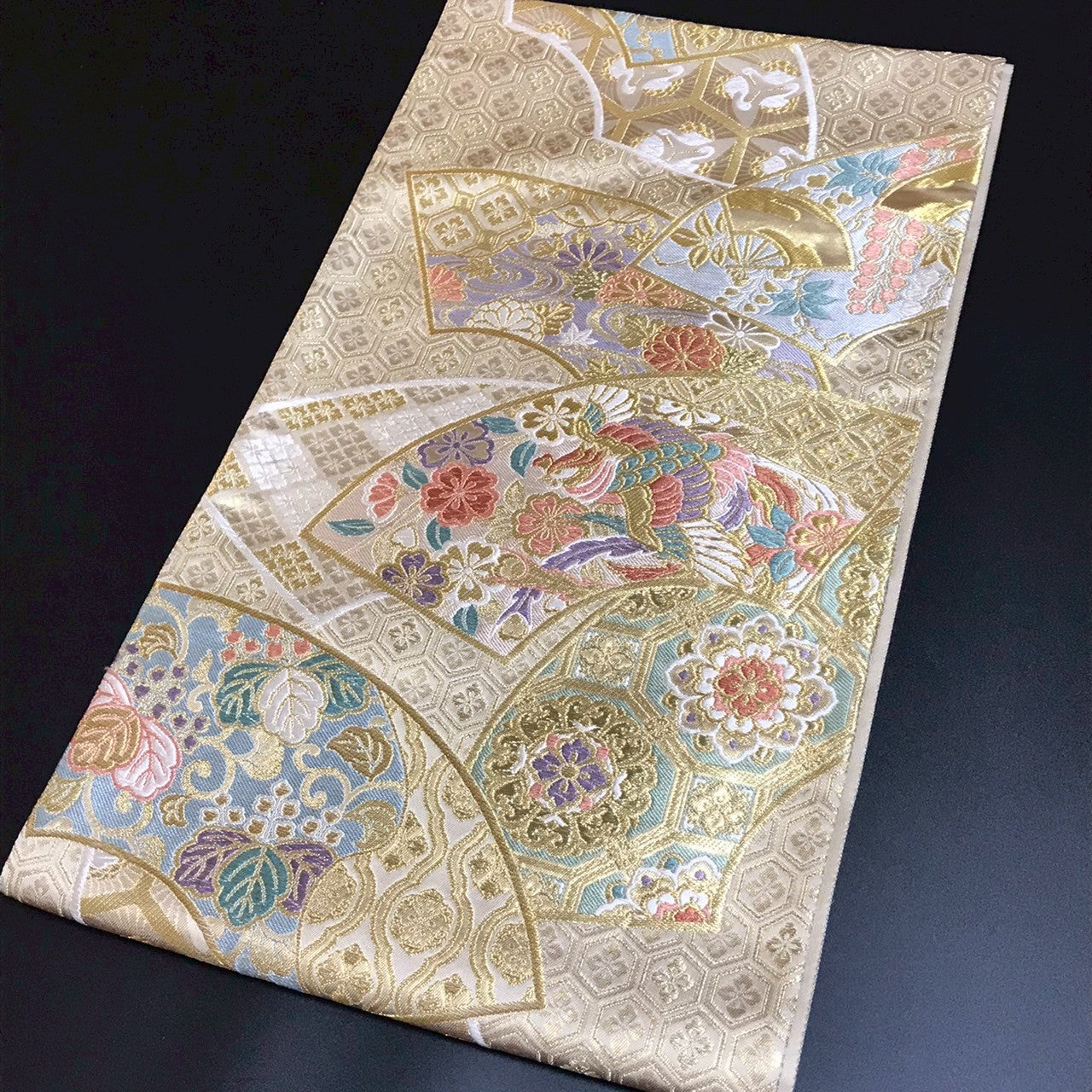 7089# Japanese Vintage Fukuro Obi Belt Kimono Fabric Silk Traditional Gold