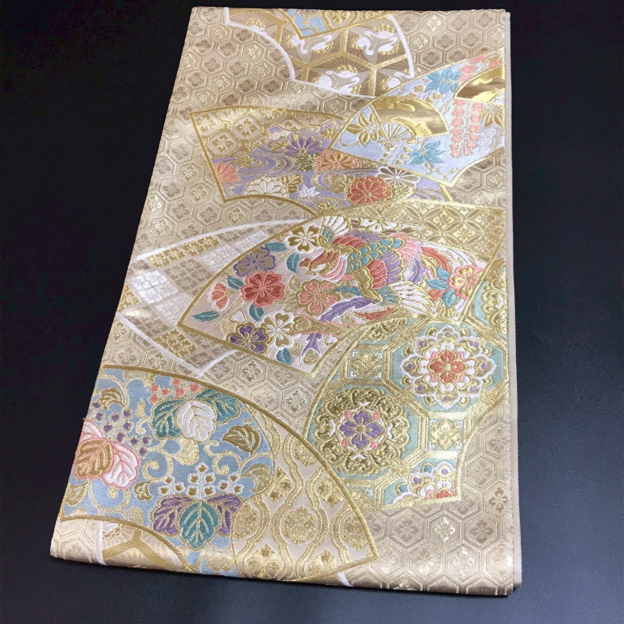 7089# Japanese Vintage Fukuro Obi Belt Kimono Fabric Silk Traditional Gold