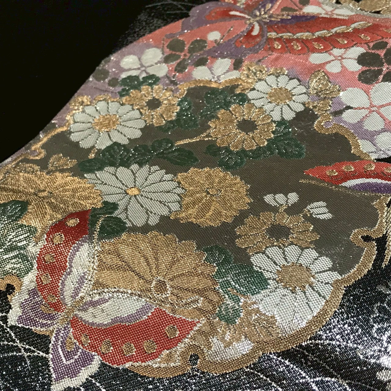 7090# Japanese Vintage Fukuro Obi Belt Kimono Fabric Silk Traditional Black　