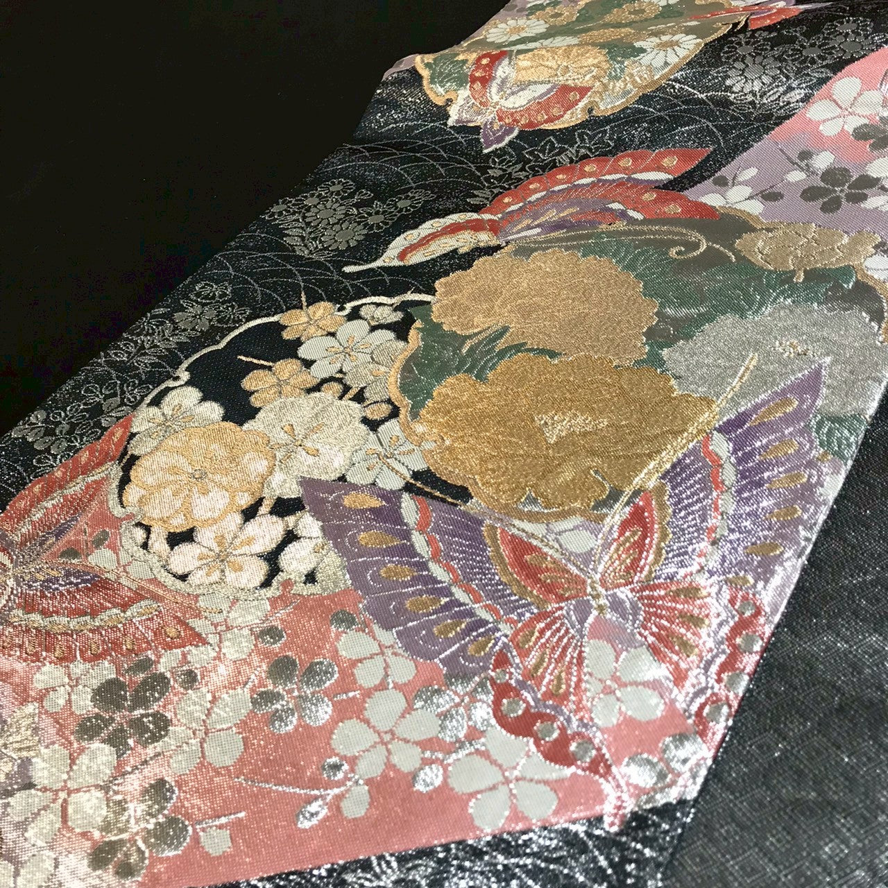 7090# Japanese Vintage Fukuro Obi Belt Kimono Fabric Silk Traditional Black　