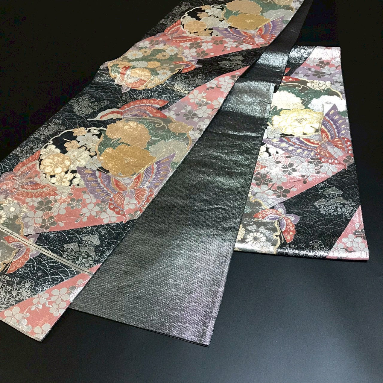 7090# Japanese Vintage Fukuro Obi Belt Kimono Fabric Silk Traditional Black　
