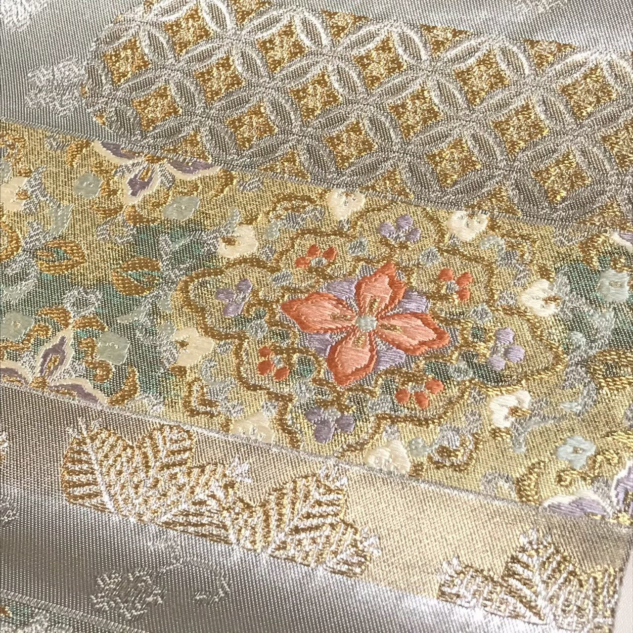 7189# Japanese Vintage Fukuro Obi Belt Kimono Fabric Silk Traditional Silver