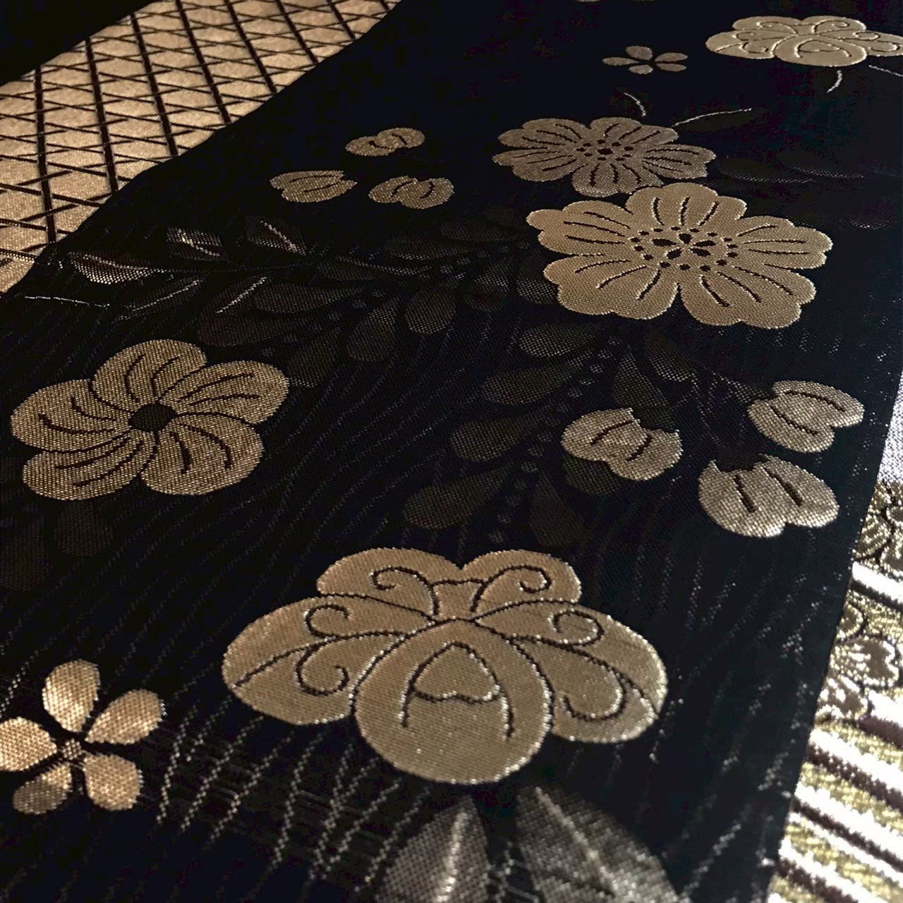 7190# Japanese Vintage Fukuro Obi Belt Kimono Fabric Silk Traditional Black
