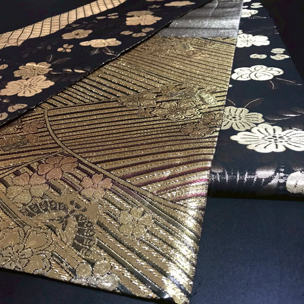 7190# Japanese Vintage Fukuro Obi Belt Kimono Fabric Silk Traditional Black