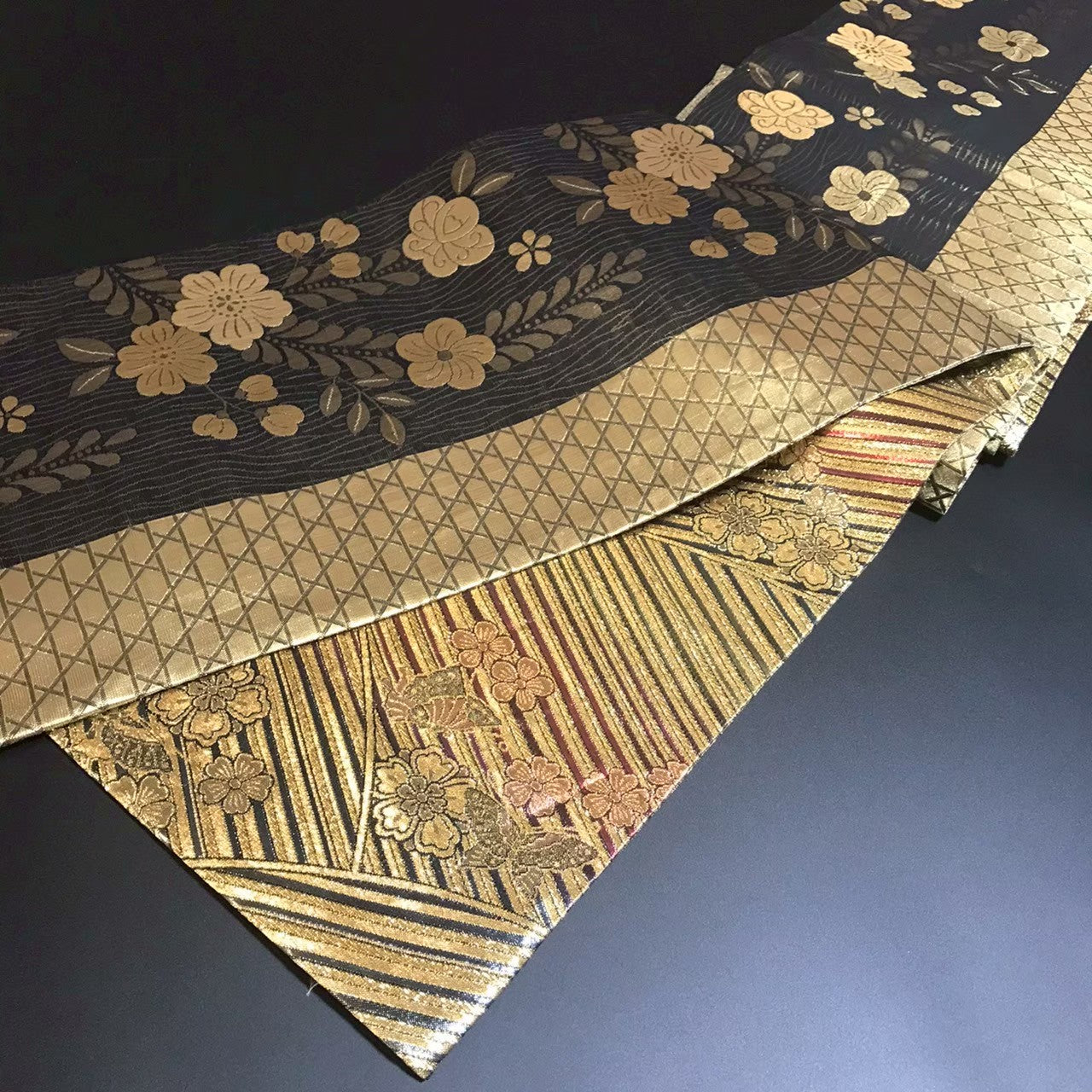 7190# Japanese Vintage Fukuro Obi Belt Kimono Fabric Silk Traditional Black