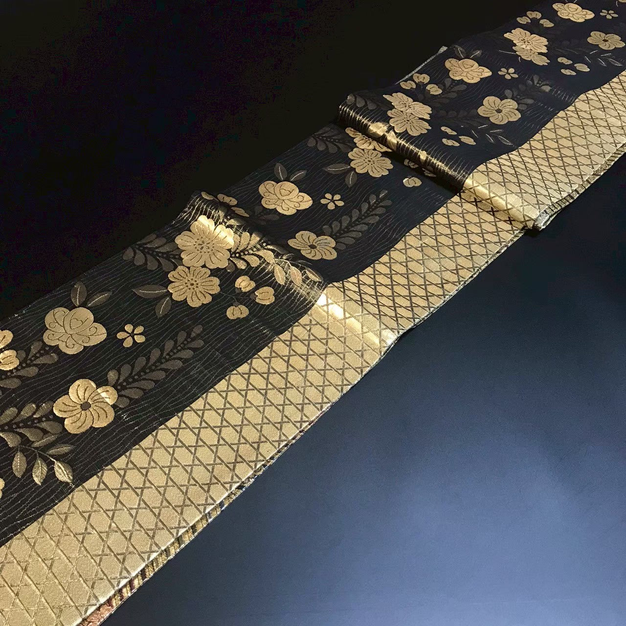 7190# Japanese Vintage Fukuro Obi Belt Kimono Fabric Silk Traditional Black