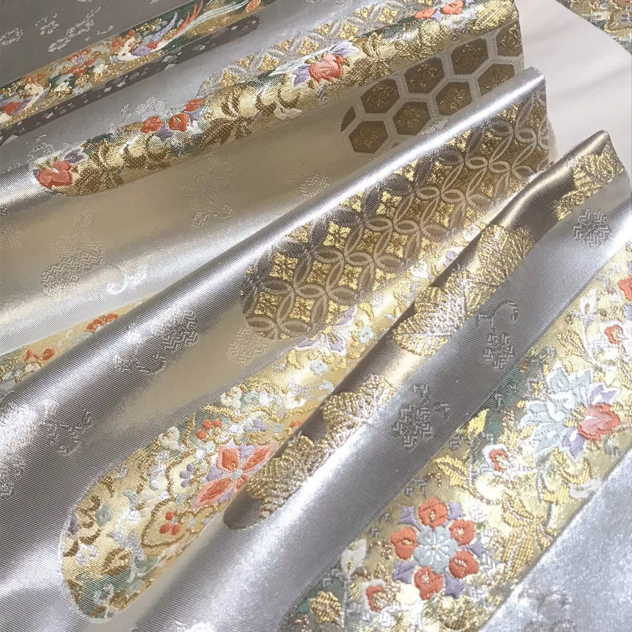 7189# Japanese Vintage Fukuro Obi Belt Kimono Fabric Silk Traditional Silver