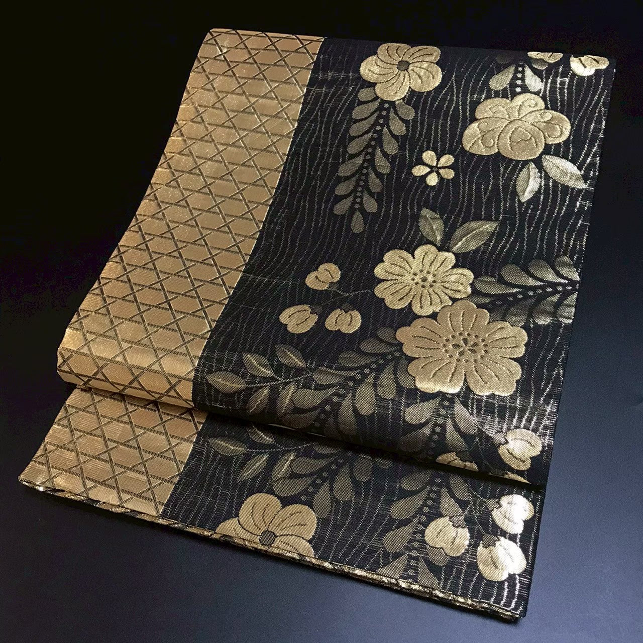 7190# Japanese Vintage Fukuro Obi Belt Kimono Fabric Silk Traditional Black