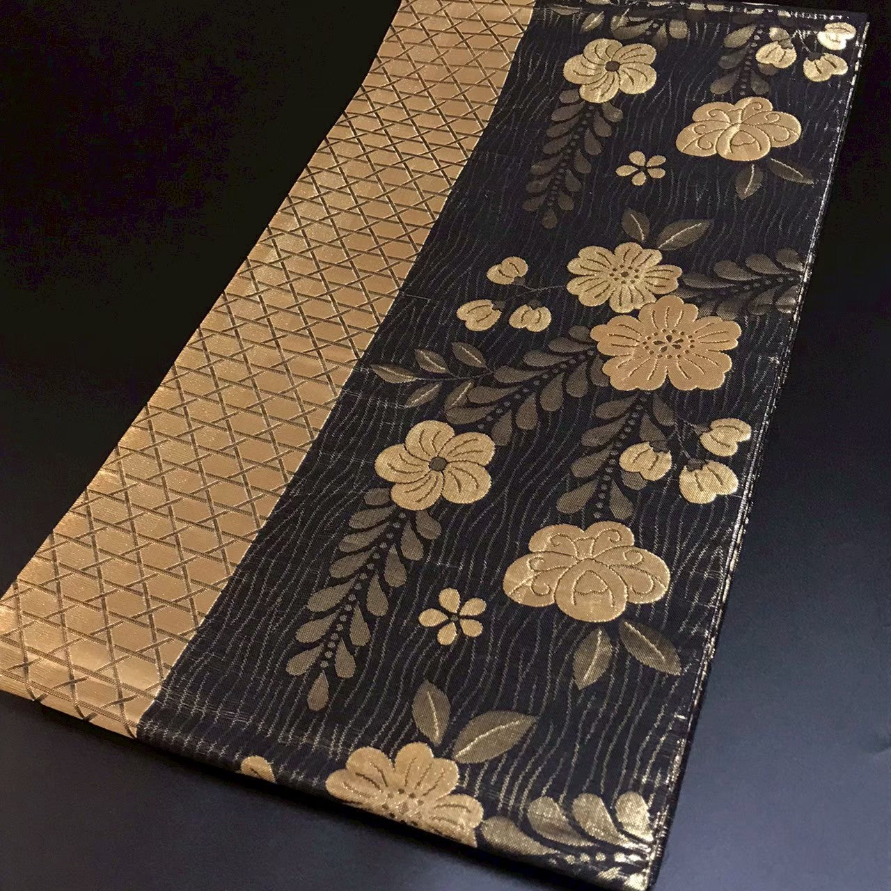 7190# Japanese Vintage Fukuro Obi Belt Kimono Fabric Silk Traditional Black