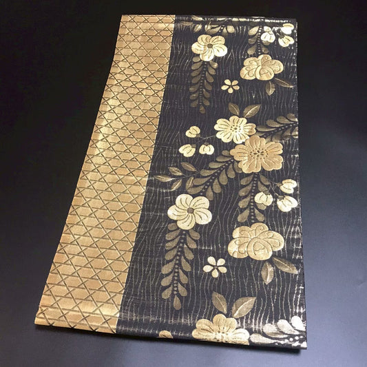 7190# Japanese Vintage Fukuro Obi Belt Kimono Fabric Silk Traditional Black