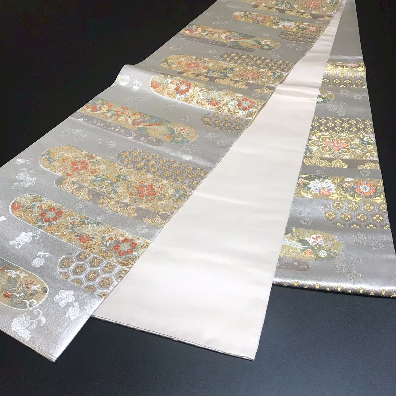 7189# Japanese Vintage Fukuro Obi Belt Kimono Fabric Silk Traditional Silver