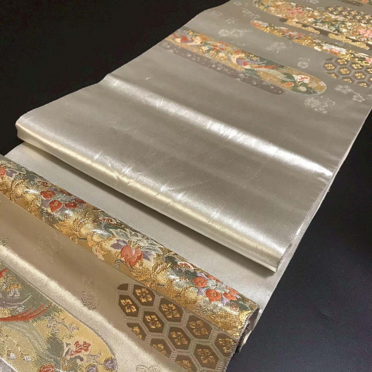 7189# Japanese Vintage Fukuro Obi Belt Kimono Fabric Silk Traditional Silver