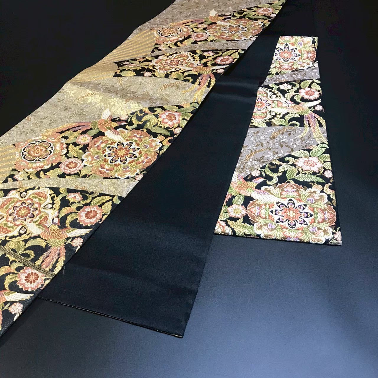 7195# Japanese Vintage Fukuro Obi Belt Kimono Fabric Silk Traditional Black